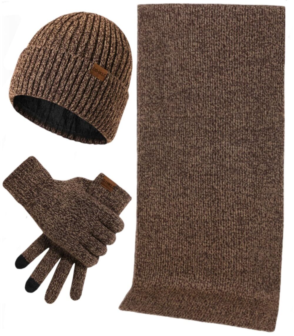 7554 Winter Hat Scarf Glove set 3 Pcs Touchscreen Anti Slip Gloves Knit